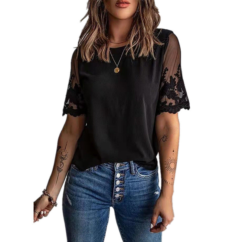 Women's Round Neck Short Sleeve Lace T-Shirt
