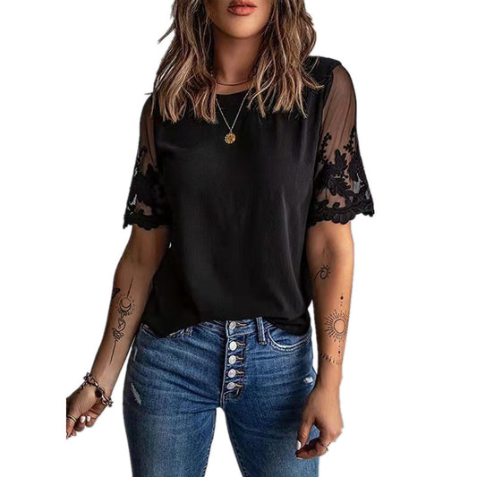 Women's Round Neck Short Sleeve Lace T-Shirt