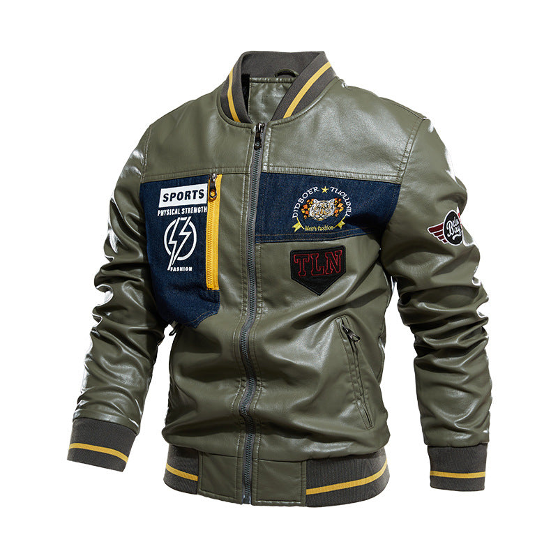 Fashion Stand Collar Standard Letter Zipper Men's Leather Jacket