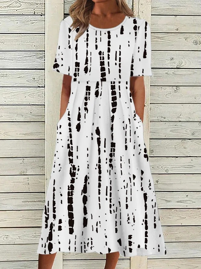 Women's Round Neck Pocket Short Sleeve Printed Dress