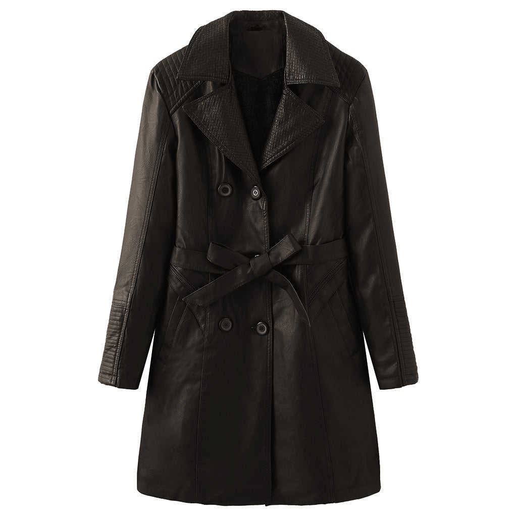 Women's Mid-length Plus Velvet Leather Jacket With Lapel