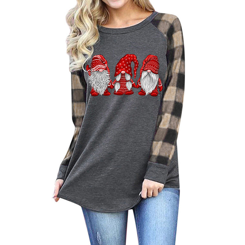 Woman Santa Print Round Neck Plaid Long Sleeve T-shirt
