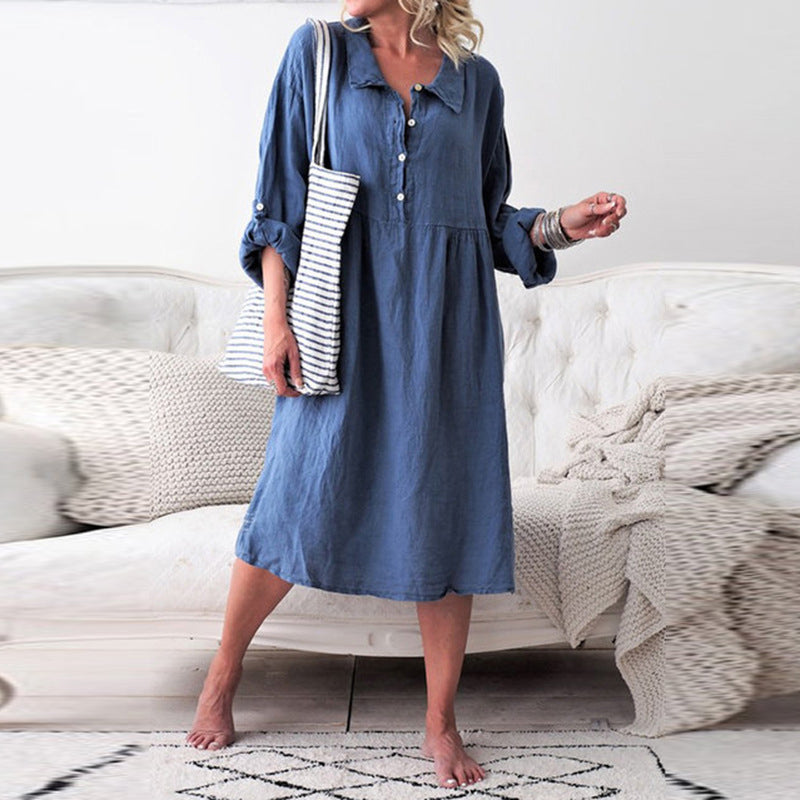 Button Long Sleeve Casual Dress For Women