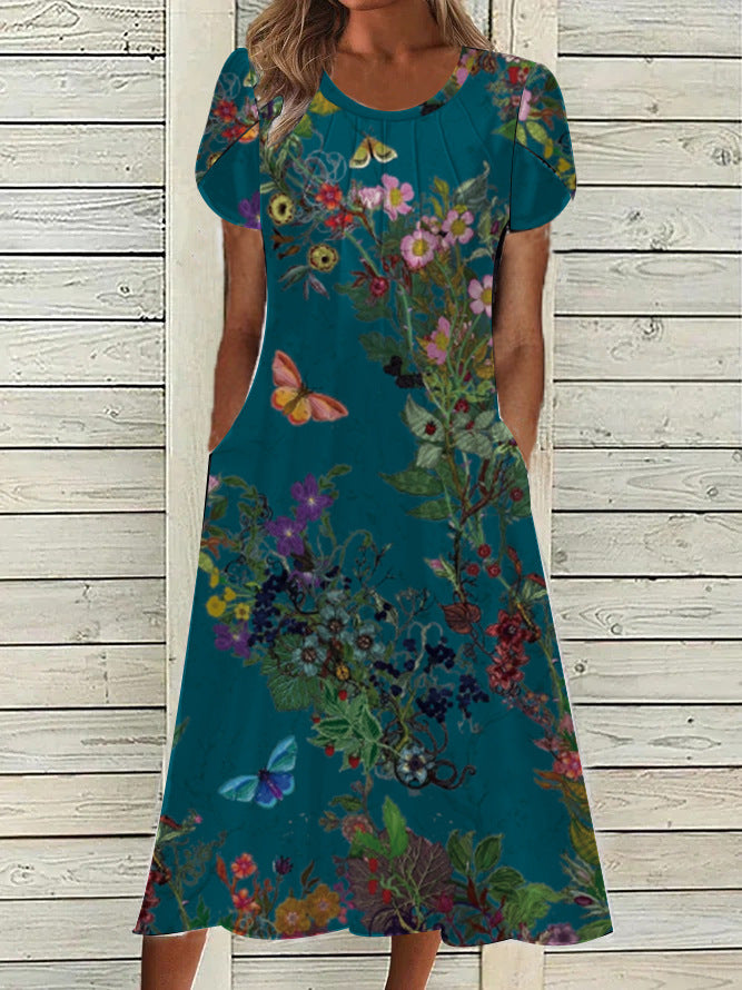 Women Printed Round Neck Short Sleeve Dress