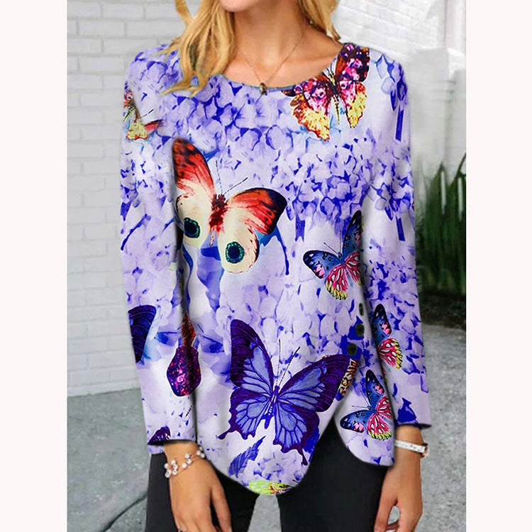 Woman Butterfly Hem Button Irregular Long-sleeved T-shirt