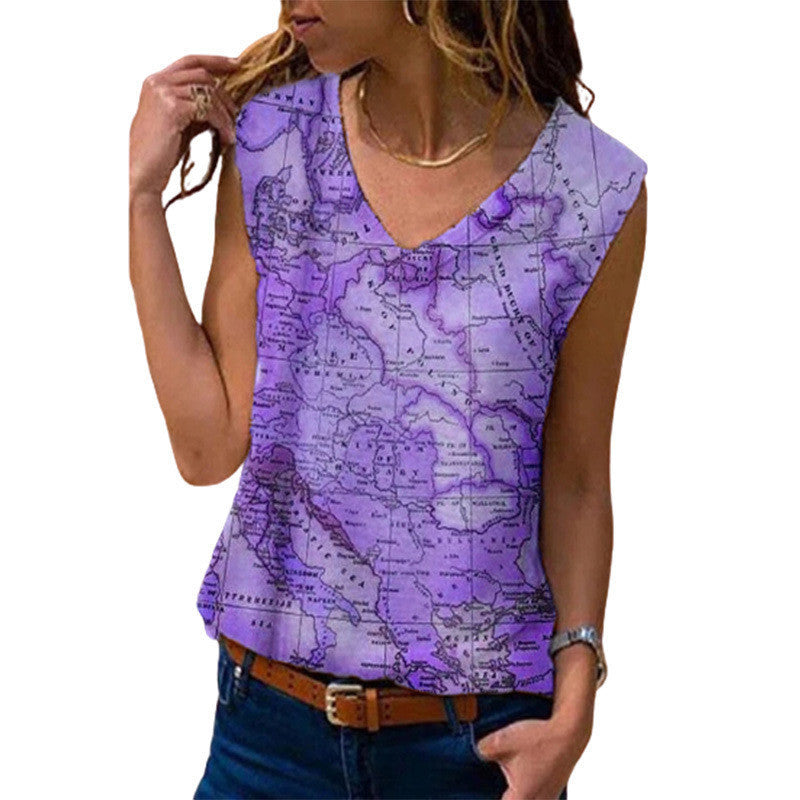 Women's Spring And Summer Vest Map Print T-shirt Top