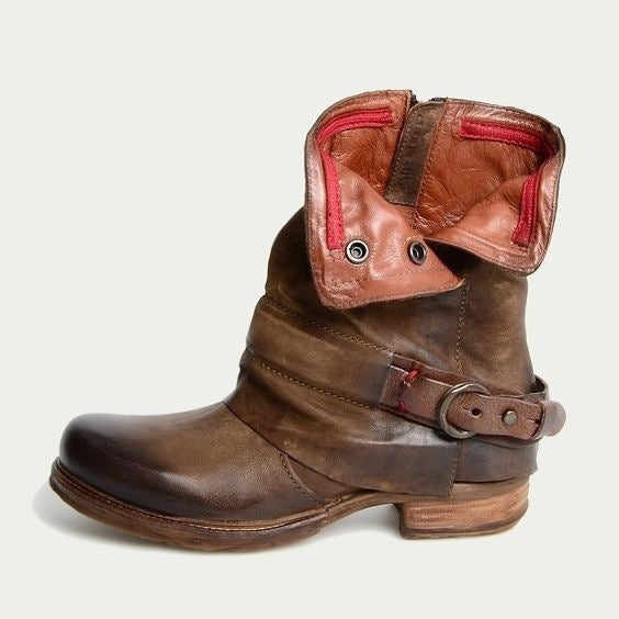 Woman Belt Buckle Square Heel Retro Leather Short Boots