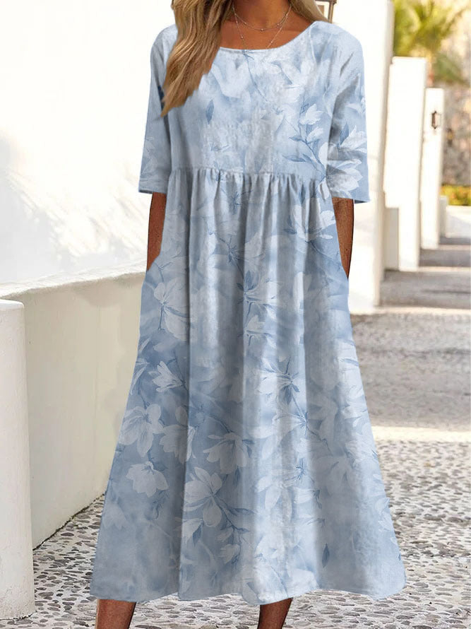 Women's Floral Print Round Neck Short Sleeve Pocket Dress