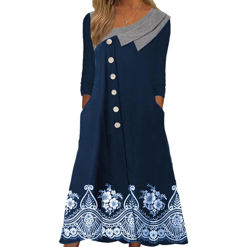 Women Pocket Button Long Sleeve Dress