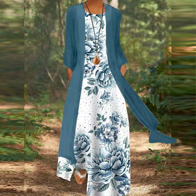 Women's Elegant Round Neck Two Piece Long Sleeve Floral Print Maxi Dress