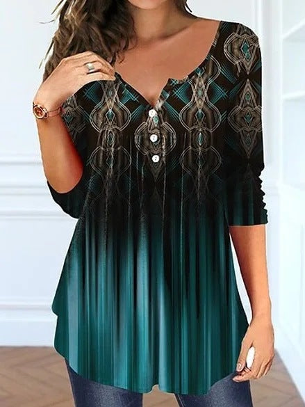 Women's Long Sleeve Printed Button T-Shirt