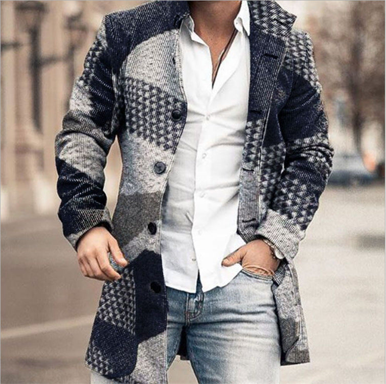 Plain Lapel Button Mid-Length OL Men's Coat