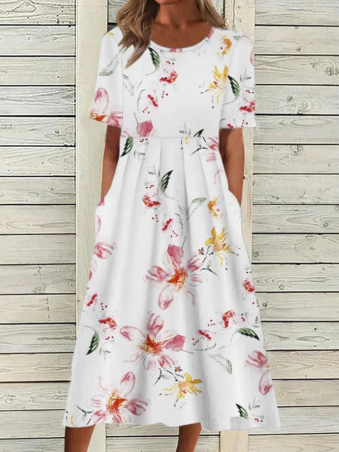Women's Round Neck Pocket Short Sleeve Printed Dress