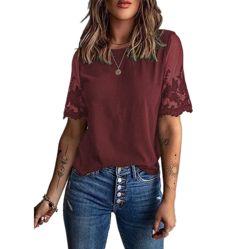 Women's Round Neck Short Sleeve Lace T-Shirt