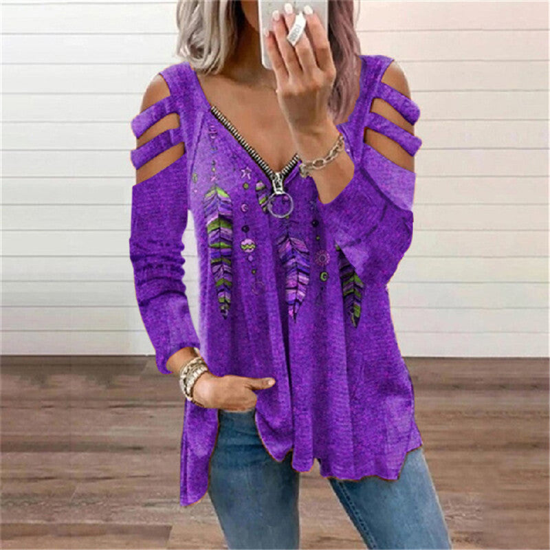 Women's Zip Pullover Long Sleeve Loose T-Shirt