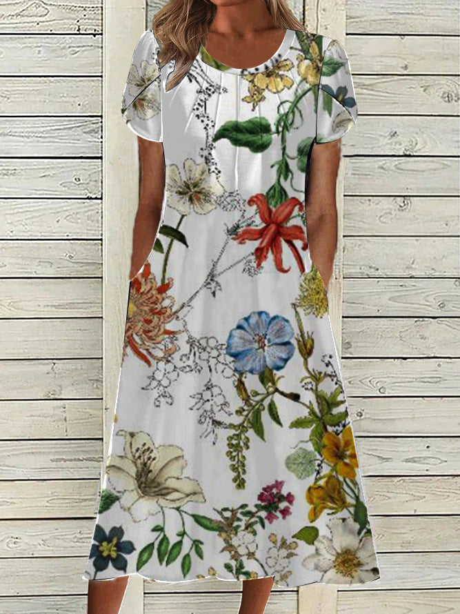 Women Printed Round Neck Short Sleeve Dress