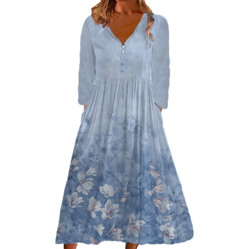 Women Printed V Neck Button Long Sleeve Dress