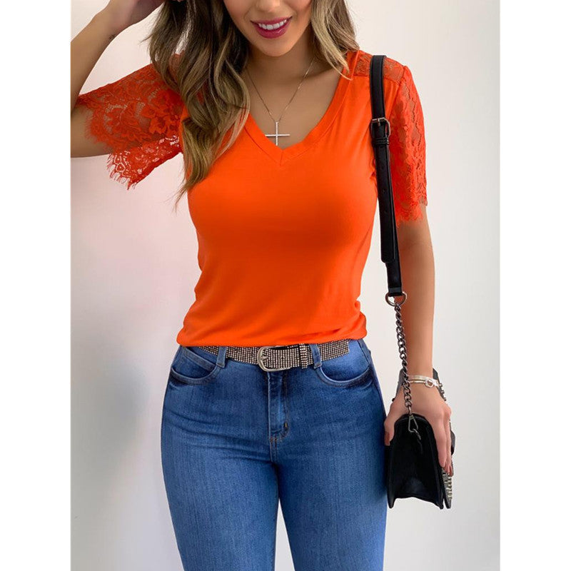 Women's Lace Short-Sleeved Stitching Top