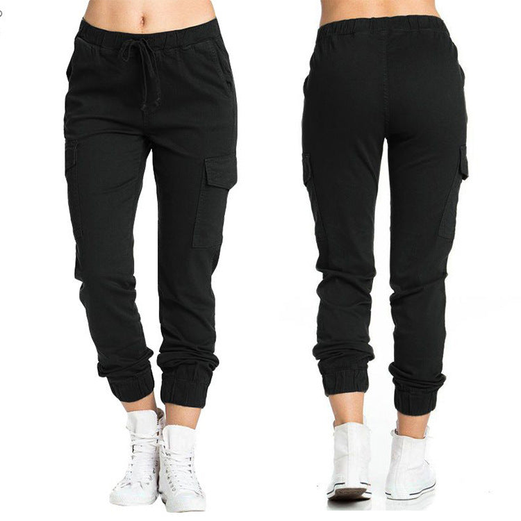 Woman Tooling Casual Elastic Waist String Side Pocket Trousers