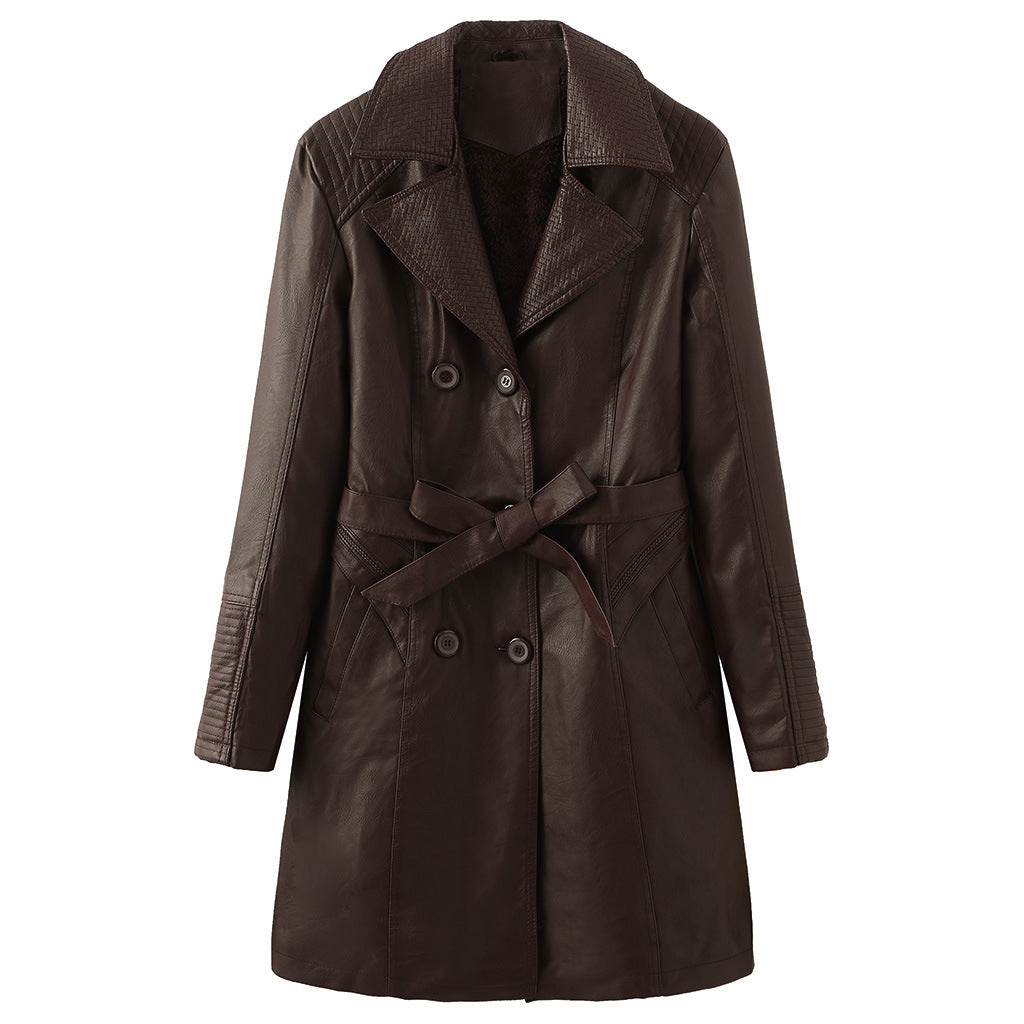 Women's Mid-length Plus Velvet Leather Jacket With Lapel