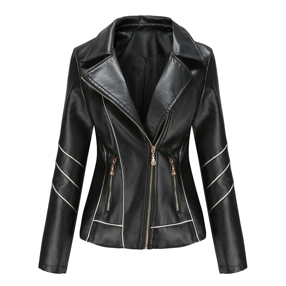 Slim Fit Stand Collar Leather Jacket For Women