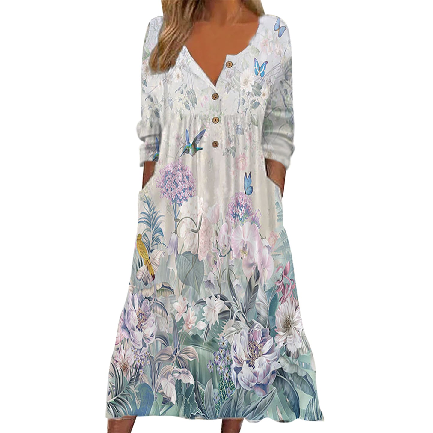 Women Long Sleeve V Neck Print Dress