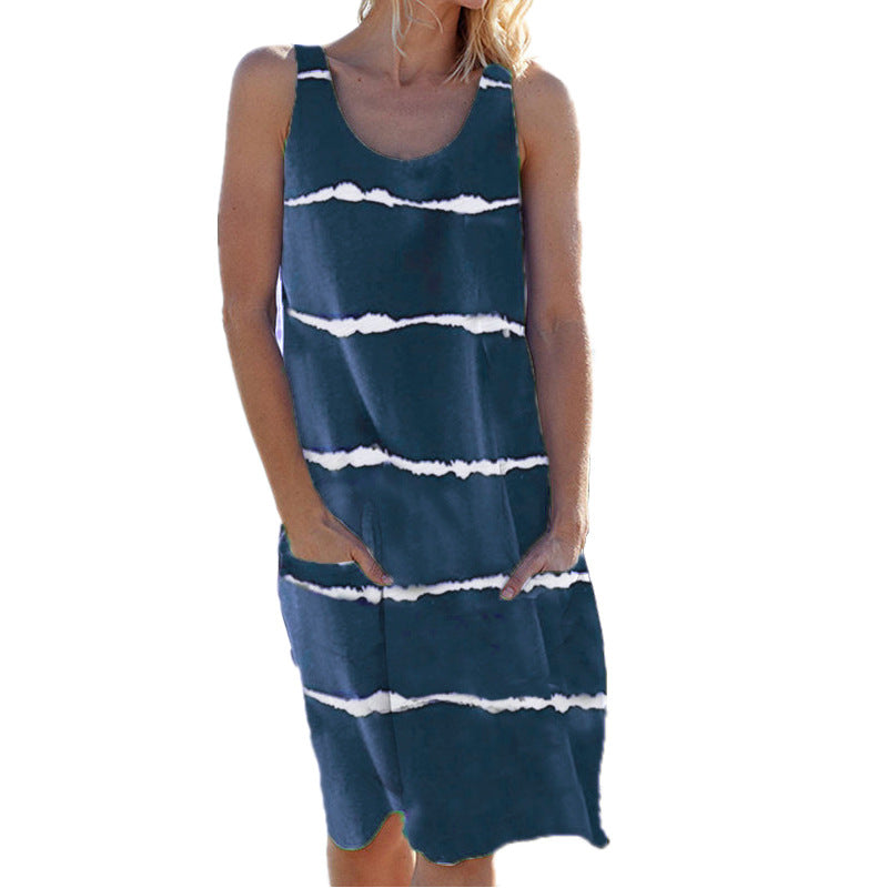 Crew Neck Striped Pocket Tank Dress