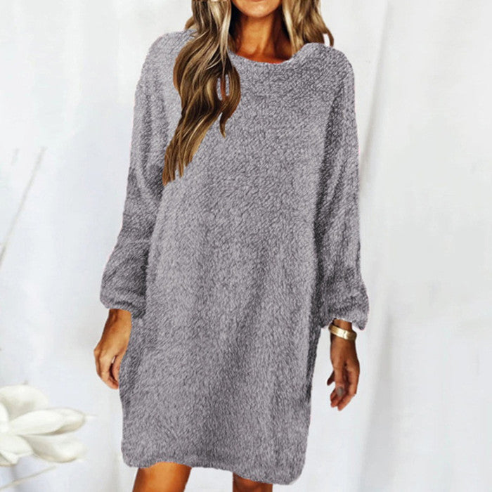 Plush Long Sleeve Round Neck Loose Dress