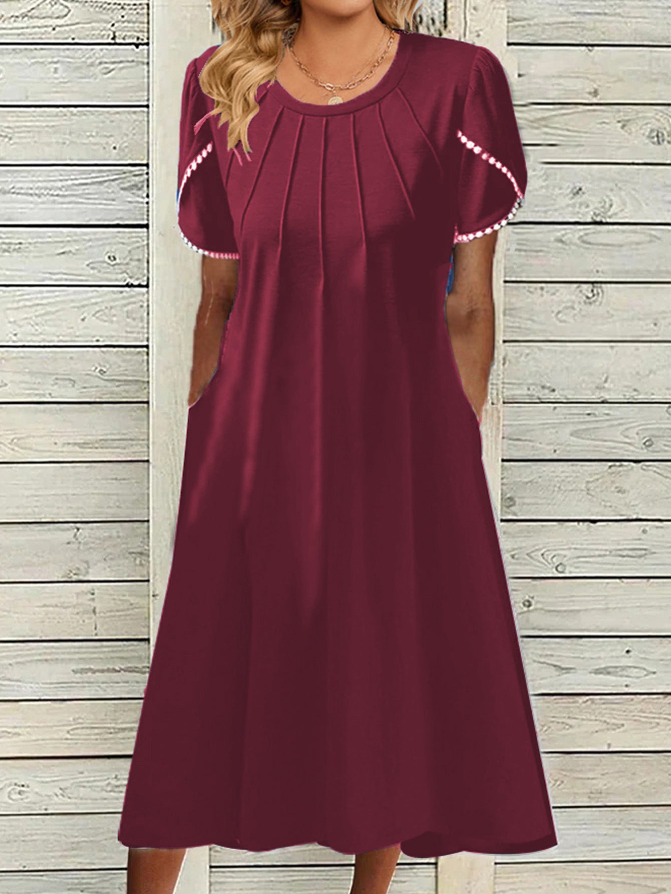 Women Pocket Round Neck Lace Sleeve Dress