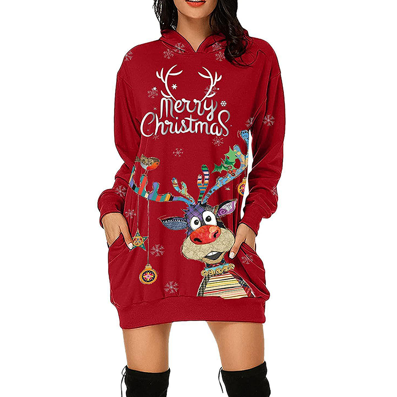 Merry Christmas Hoodie Dress Christmas Deer Dress