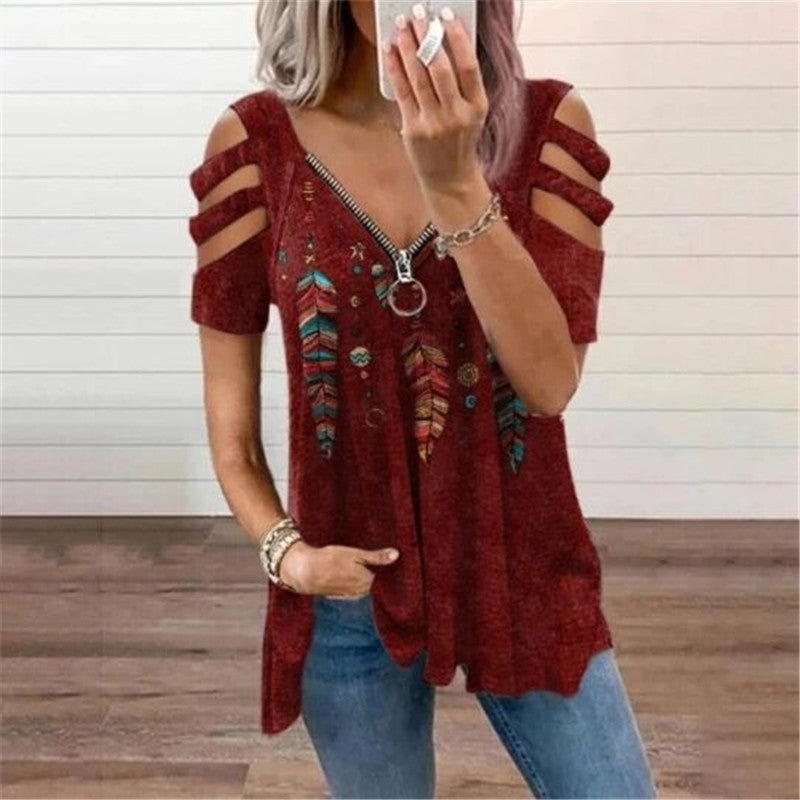 V-Neck Zip Pullover Print Short Sleeve Blouse