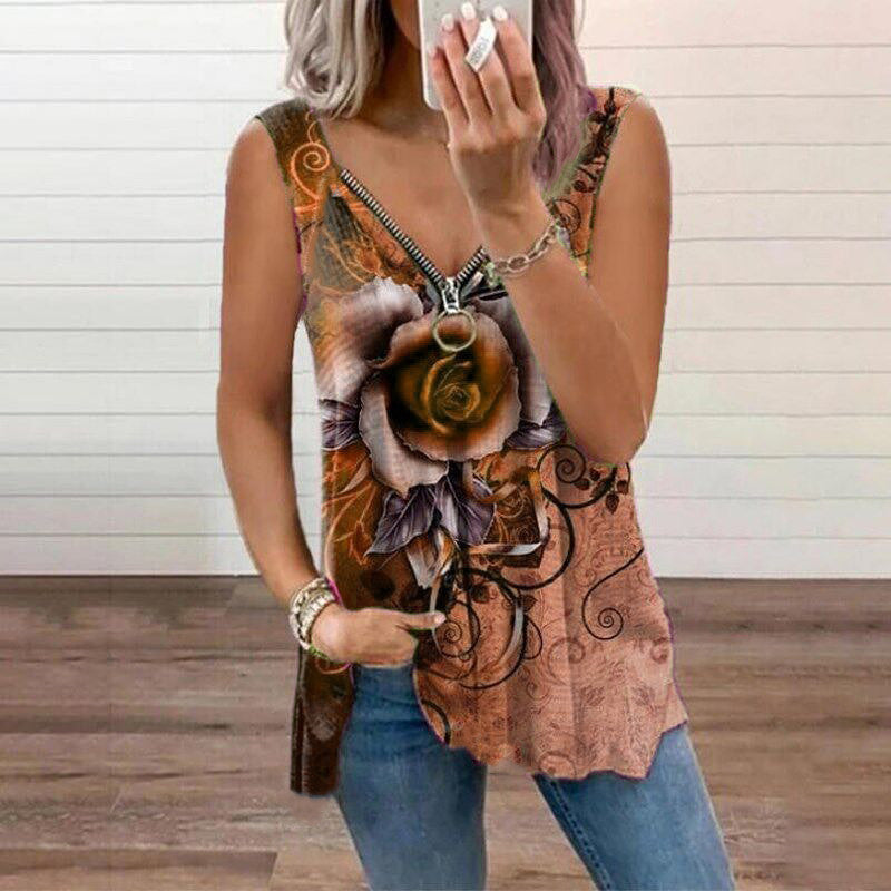 Women's V-Neck Zip Rose Print Casual Tank