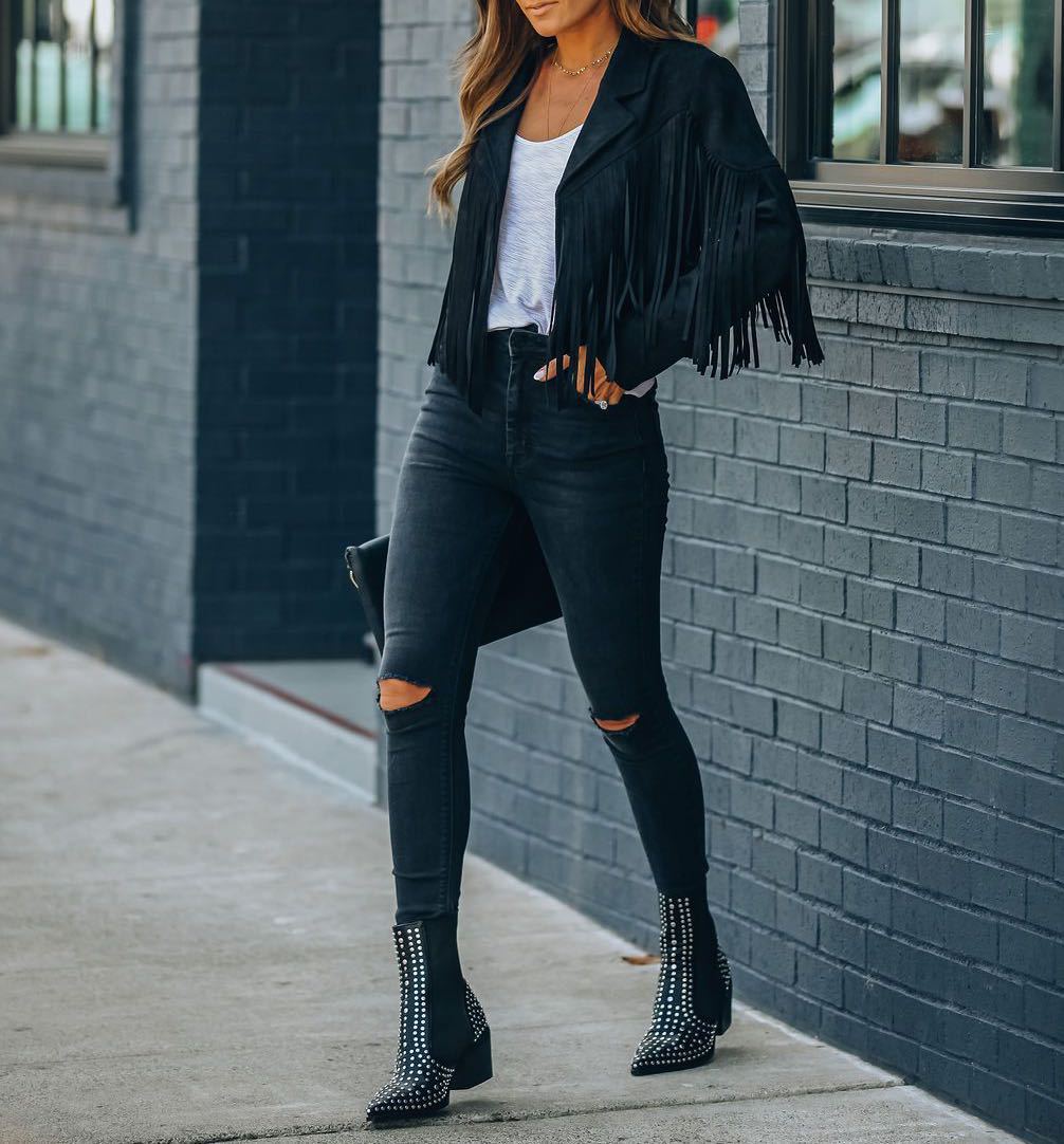 Women's Jackets Long-sleeve Printed Fringed Jacket