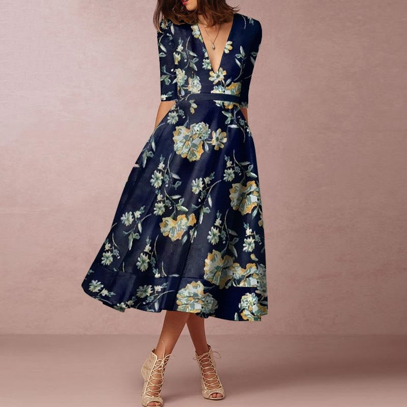 Women's Floral Print Short Sleeve V Neck Dress