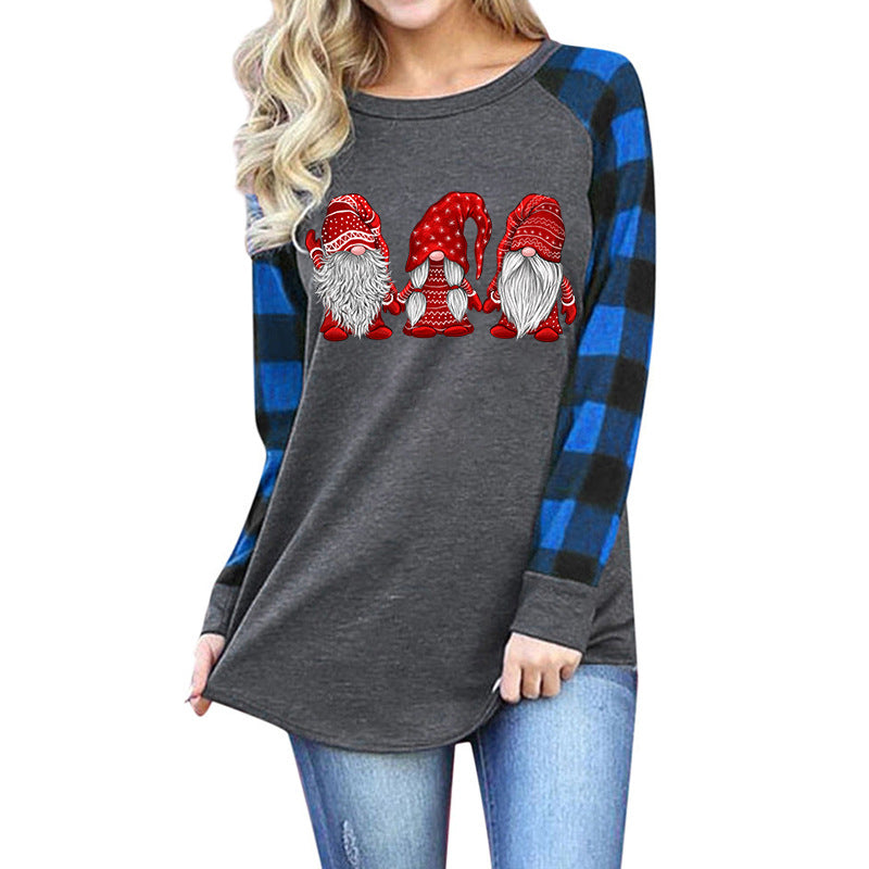 Woman Santa Print Round Neck Plaid Long Sleeve T-shirt