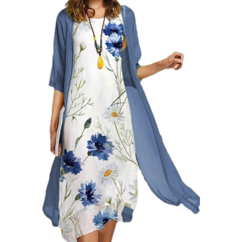 Women 2-Piece Printed Round Neck Slim Dress