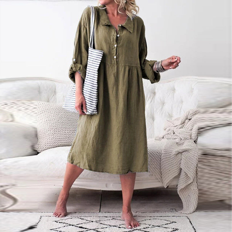 Button Long Sleeve Casual Dress For Women