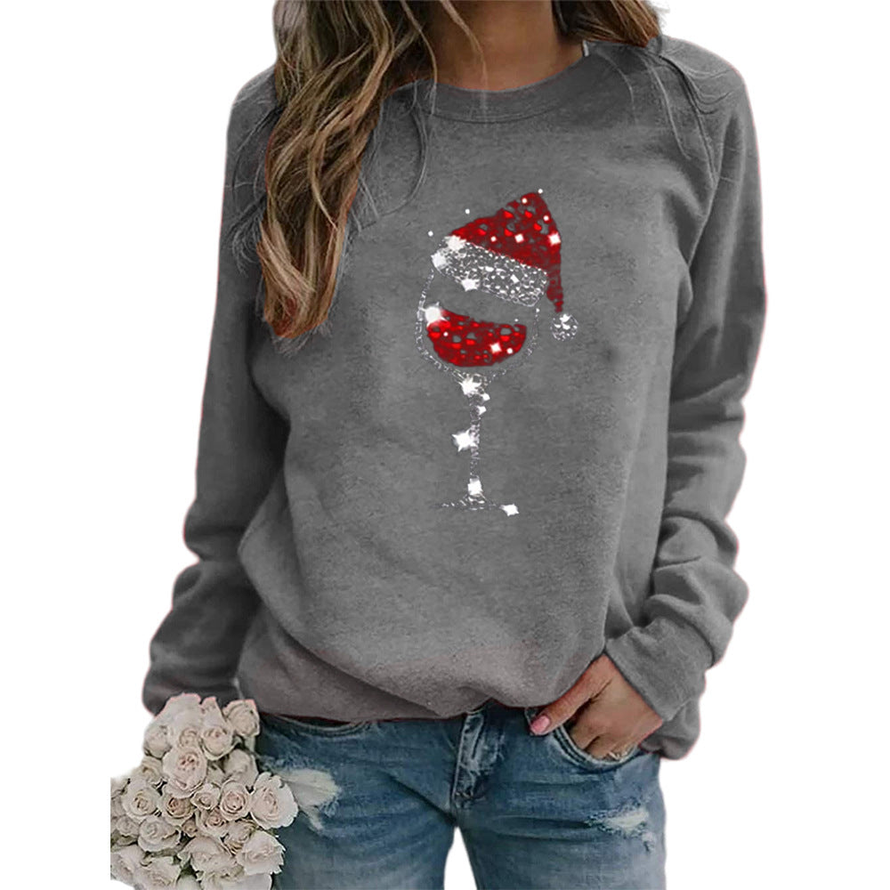 Woman Christmas Hat Red Wine Glass Print Long Sleeve Top