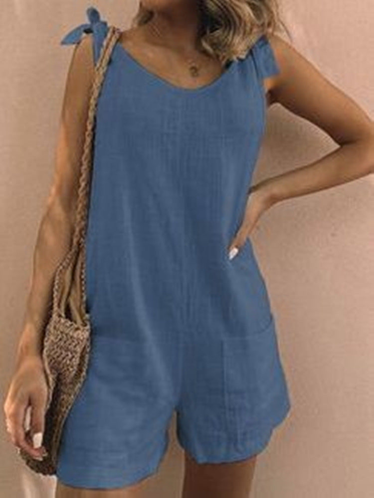 Women's Solid Color Cotton And Linen Patch Pocket Fashion Jumpsuit