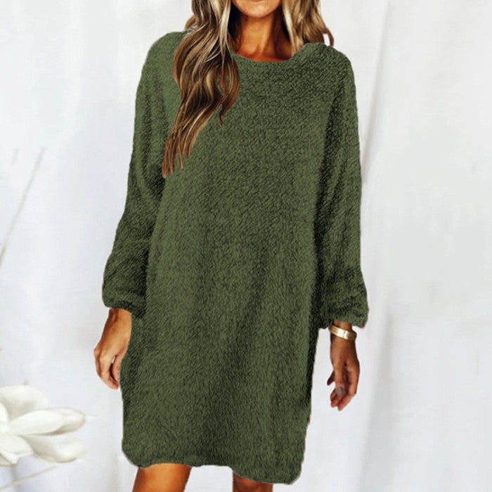 Plush Long Sleeve Round Neck Loose Dress