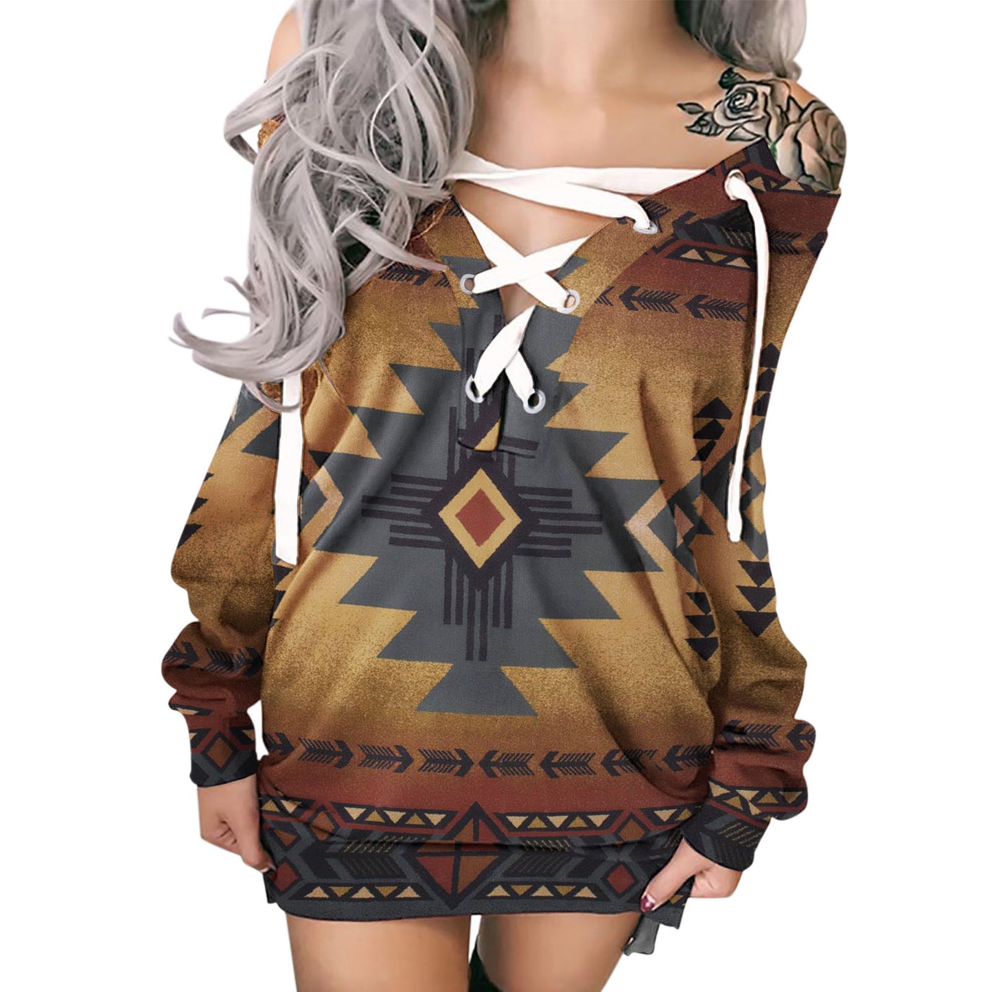 Lace-up Loose Print T-Shirt For Women