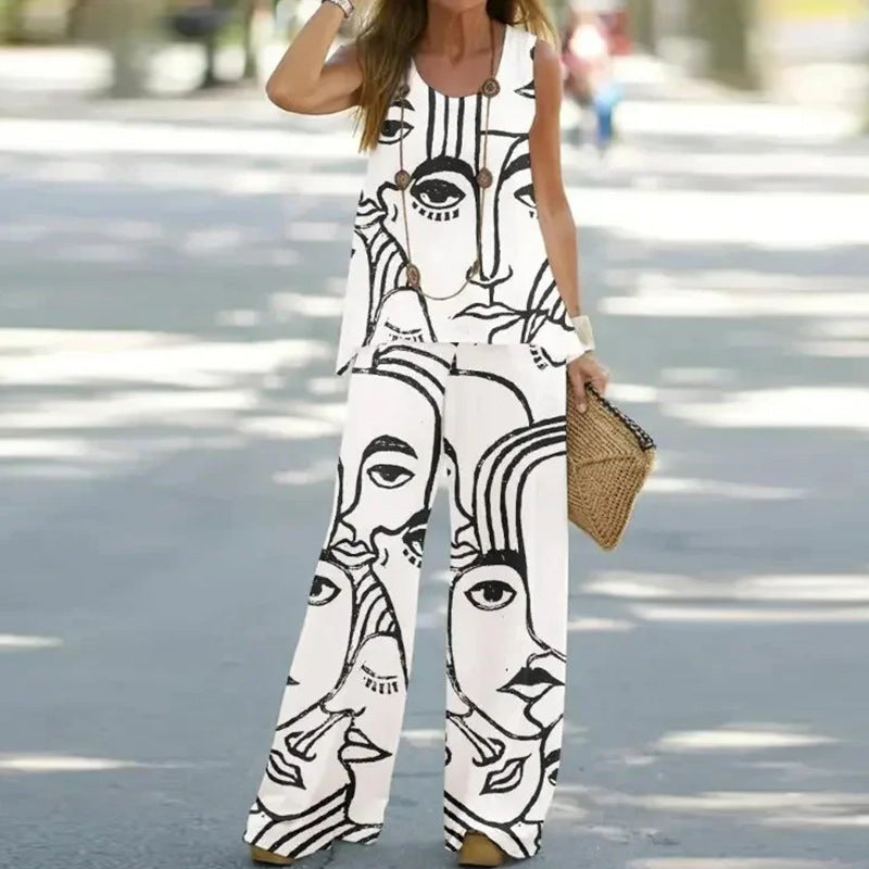 Women's Printed Vest Pants Two Piece Suit
