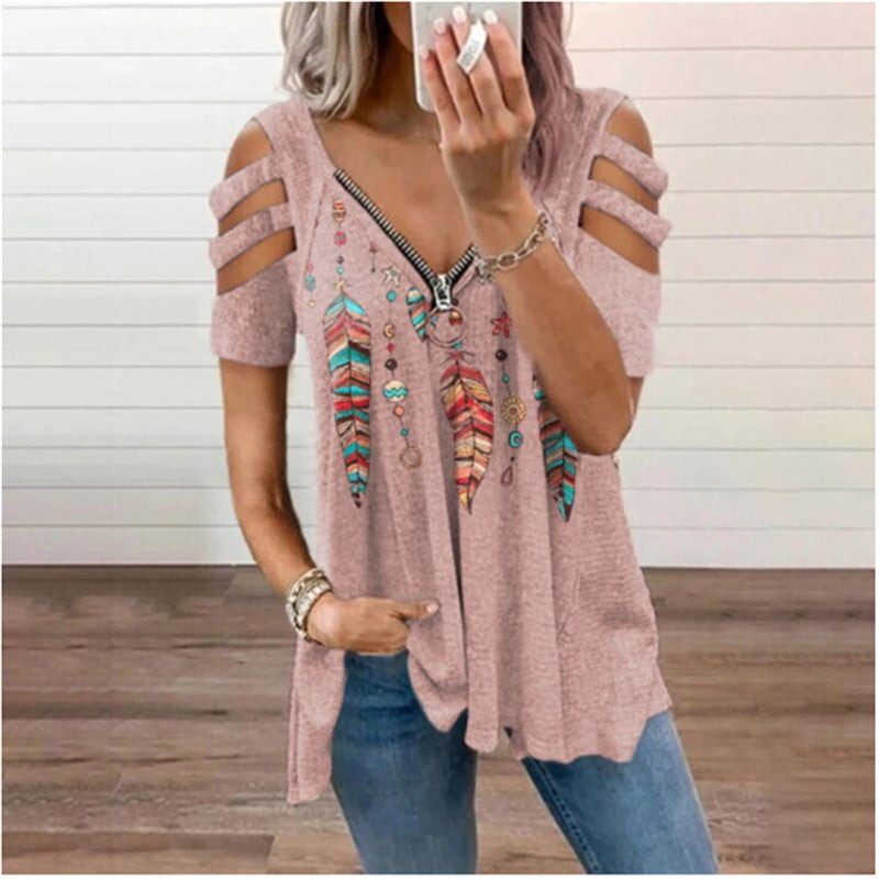 V-Neck Zip Pullover Print Short Sleeve Blouse