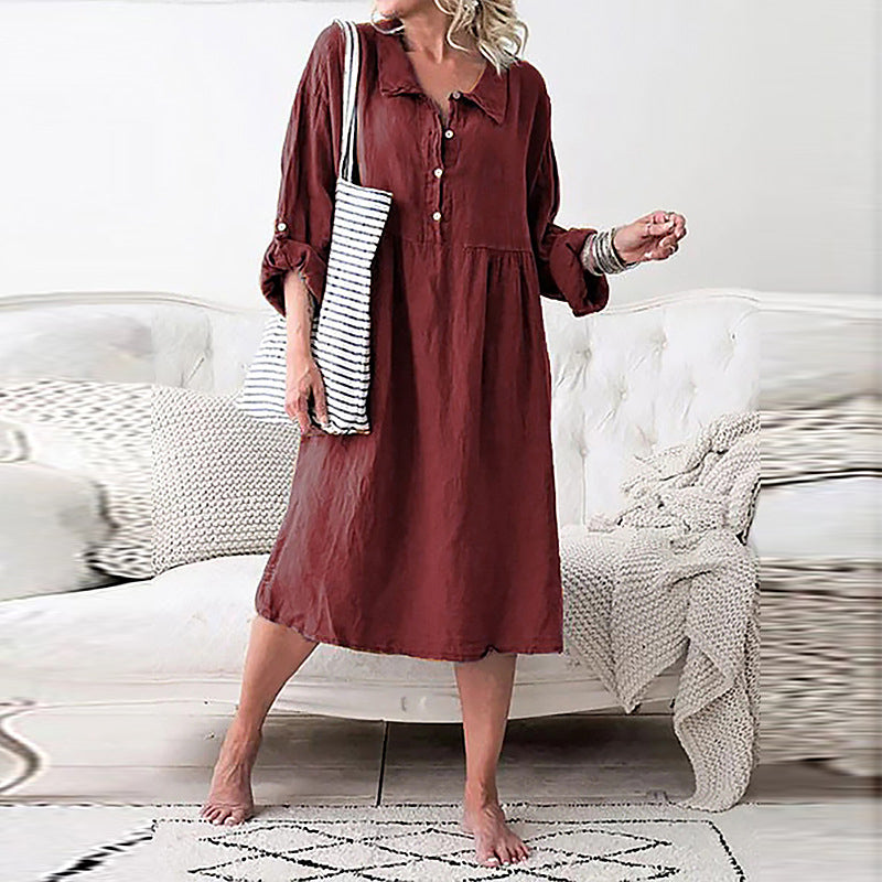 Button Long Sleeve Casual Dress For Women