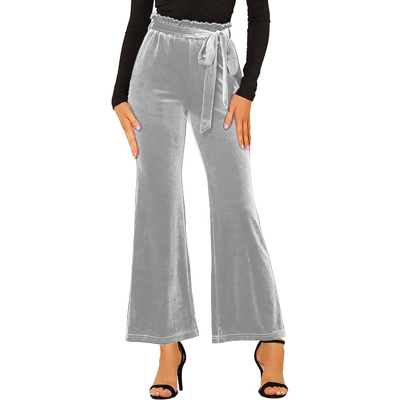 Women's Wide Leg Pants High Waist Velvet Belted Trousers