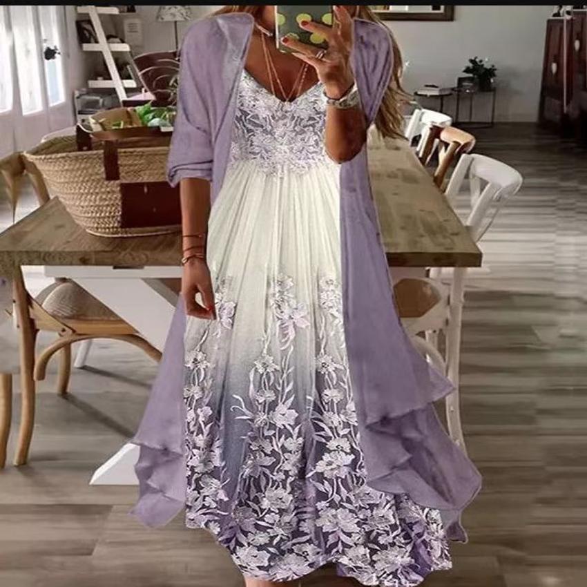 Women V Neck Casual Strap 2-Piece Dress