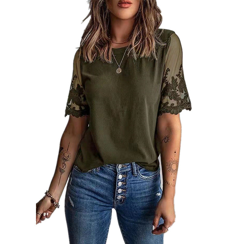 Women's Round Neck Short Sleeve Lace T-Shirt