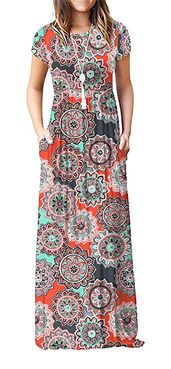 Women Round Neck Pocket Short Sleeve Casual Dress