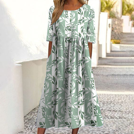 Women's Floral Print Round Neck Short Sleeve Pocket Dress