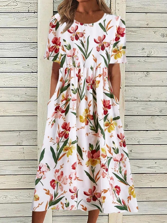 Women's Round Neck Pocket Short Sleeve Printed Dress